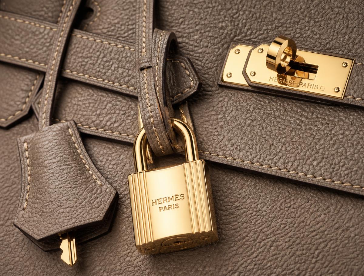 Close-up of gold hardware on a designer leather handbag